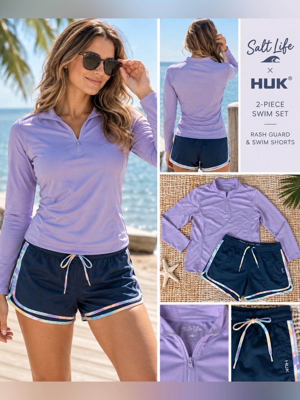 Salt Life and HUK 2-Piece Swim Set Rash Guard Sz L & Navy Swim Shorts M